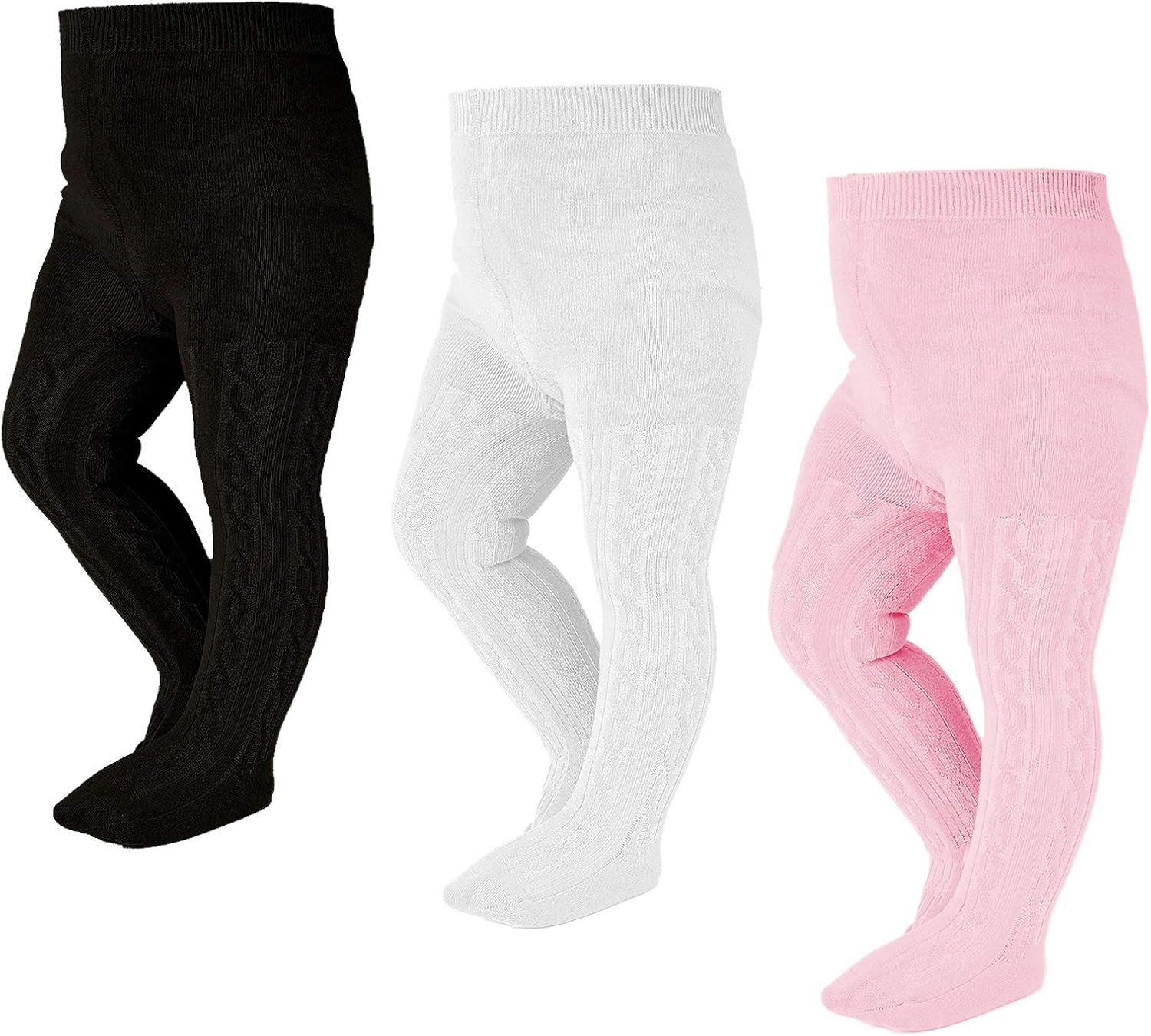 Thick cable knit cotton tights for infant girls, available in pink, white, and black, and sized 0 to 3 months.