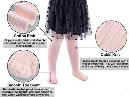 Thick cable knit cotton tights for infant girls, available in pink, white, and black, and sized 0 to 3 months.