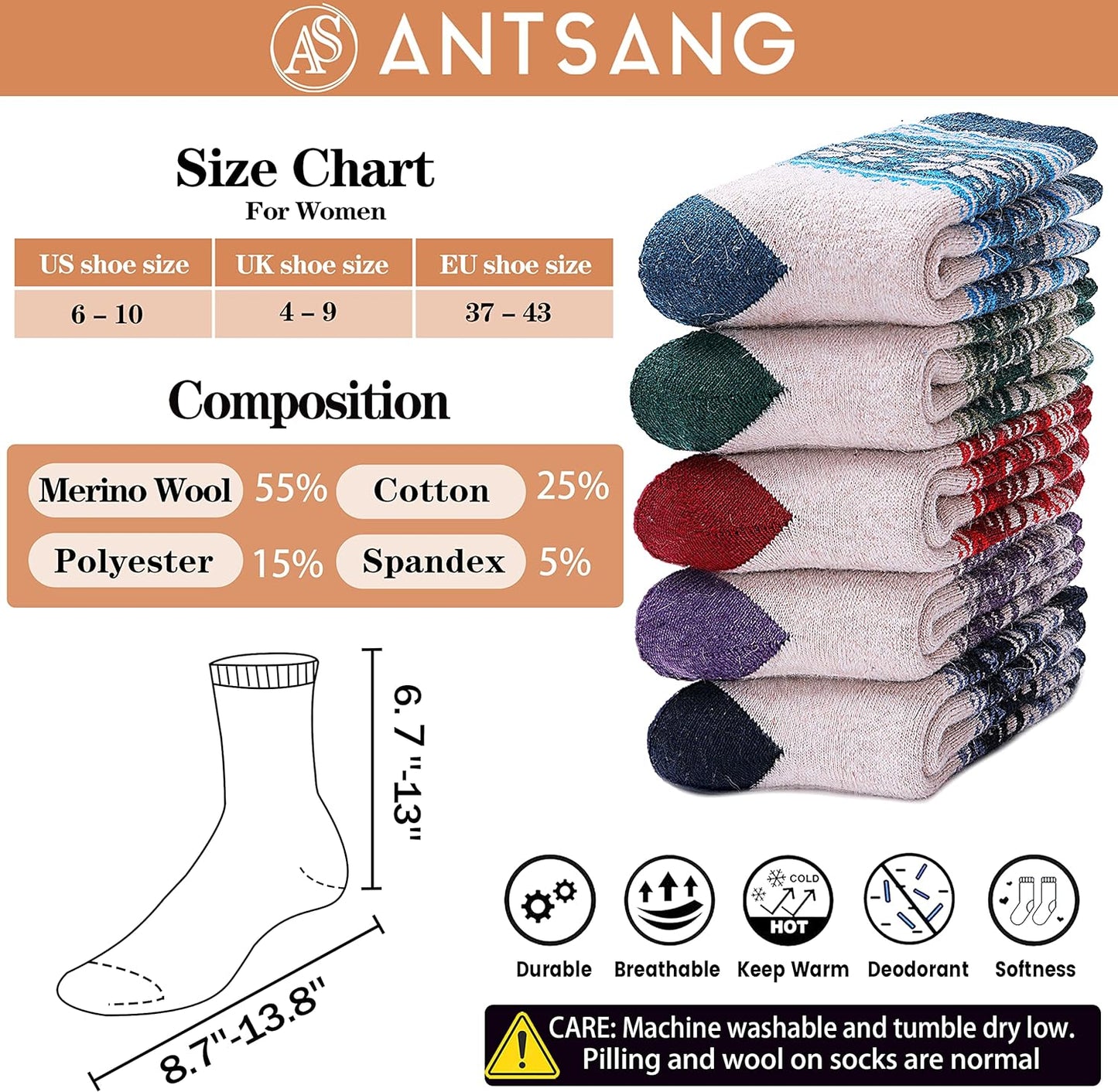 Women and Teens thermal wool socks with thick winter boot crew cozy socks. 5 Pairs,  One Size: women's US 5-10, Color: Multicolors snowflakes design.