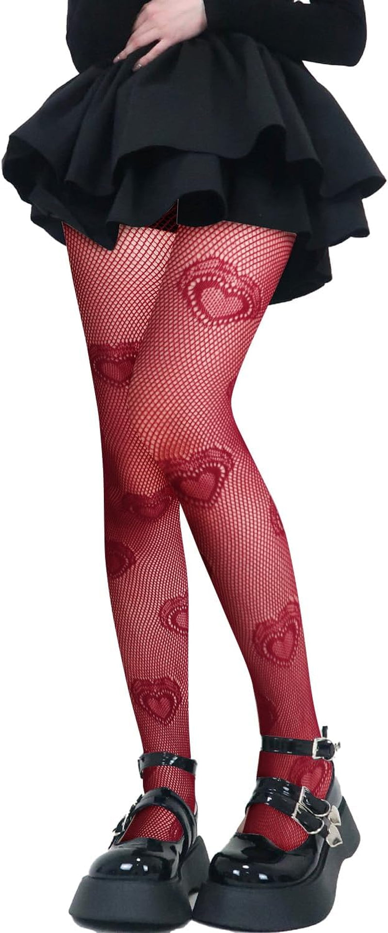 Women and Teen Girls Heart Patterned Fishnets High Waist Mesh Pantyhose. One Size (suitable for Height: 5'-5'10" and Weight: 100-160 lbs), Color: Wine.