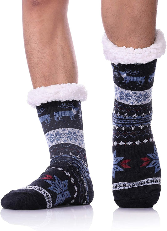 Unisex fuzzy slipper socks, lined with thick thermal fleece and non-slip traction, available in regular US men's shoe sizes 6–11,Color: Dark Blue