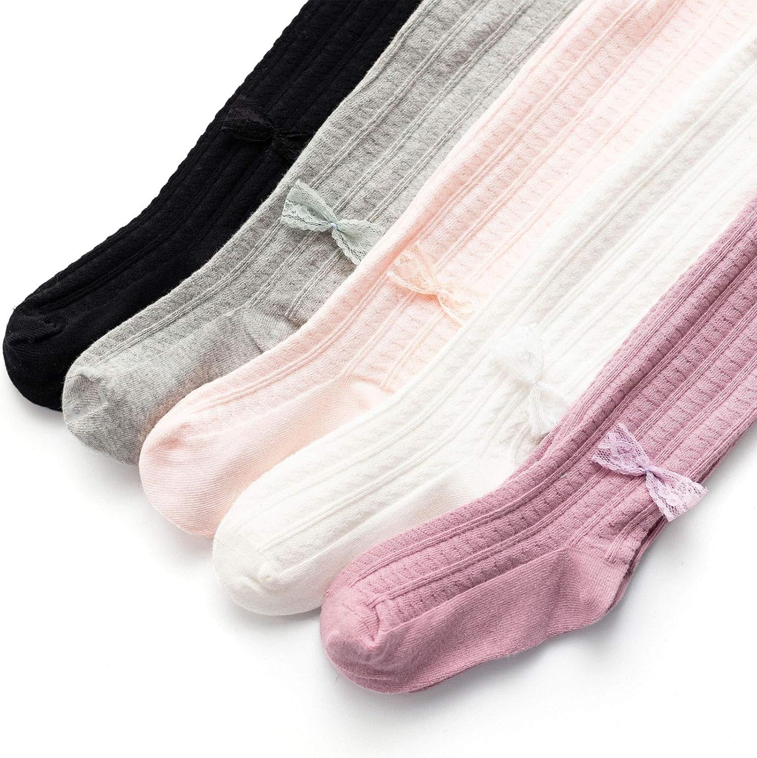 Wear these adorable girls' infant soft seamless warm tights with all of her beautiful outfits. Size: 6-12 months, Color:  F White, Light Grey, Pink With Bow.