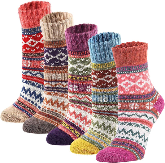  Wool socks, five pairs, for teens and women. Striped pattern; universal sizing, Color: Multicolor striped.