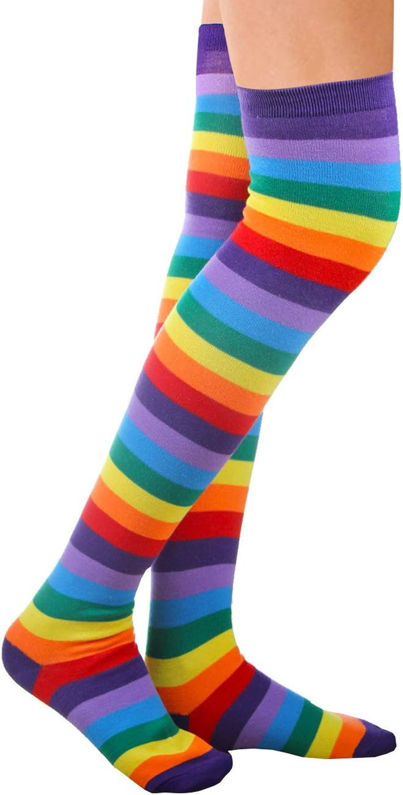 Pair of knee-high socks with rainbow stripes and matching arm warmers for teen girls' and women. Size: socks-64cm, arm warmer-36cm, Color: Dark Purple Stripes.