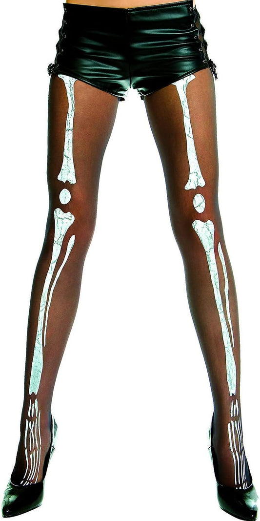 Hosiery with a Skeleton Bones Halloween Theme for Women and Teen Girls. The color is black, and the size is one size (90-160 lbs). The design features skeleton leg bones on both the front and back. 