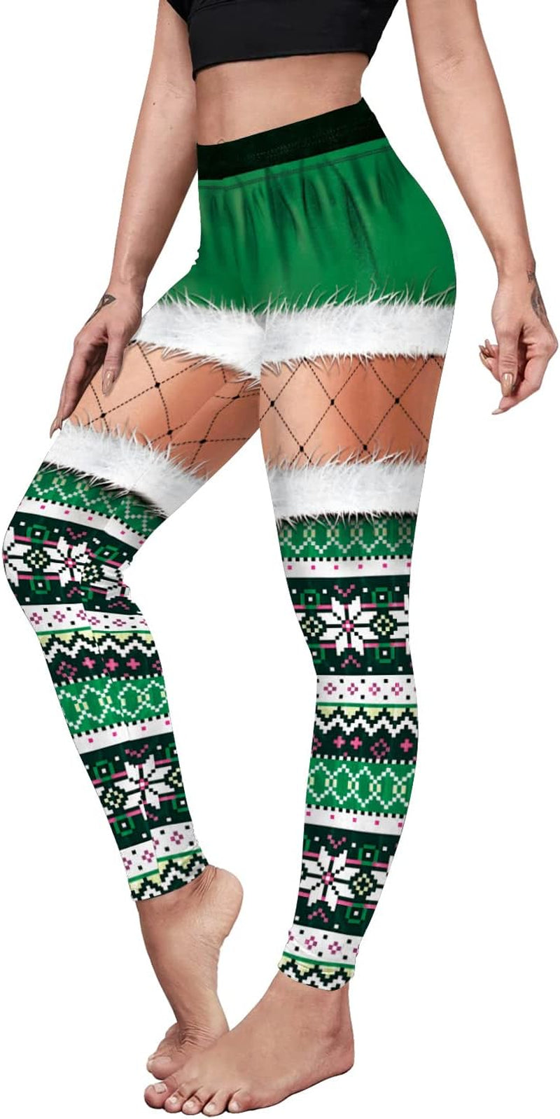 Women'S High Waist Christmas Leggings Striped Reindeer Sknowflake Printed Holiday Tights