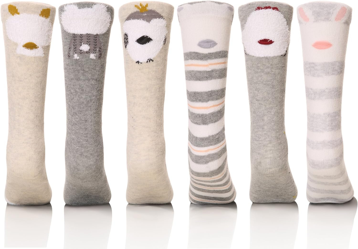 Cartoon animal print knee high socks made of soft cotton, perfect for girls and toddlers. Age range: 1–7 years.