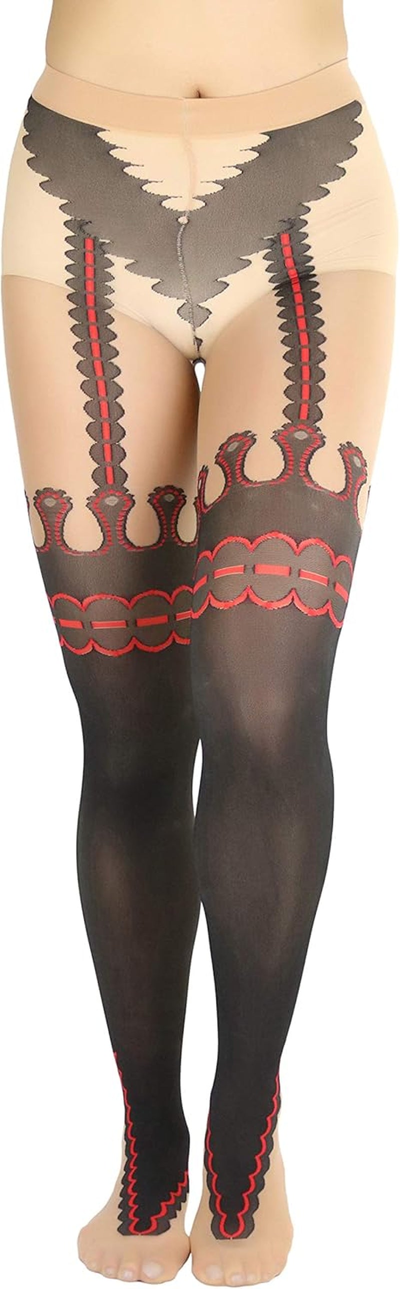 Women and Teenage Girls Garter Sheers Pantyhose with Festival Print Suspender. Color: Red/Black; Size: One Size (90-160 pounds).