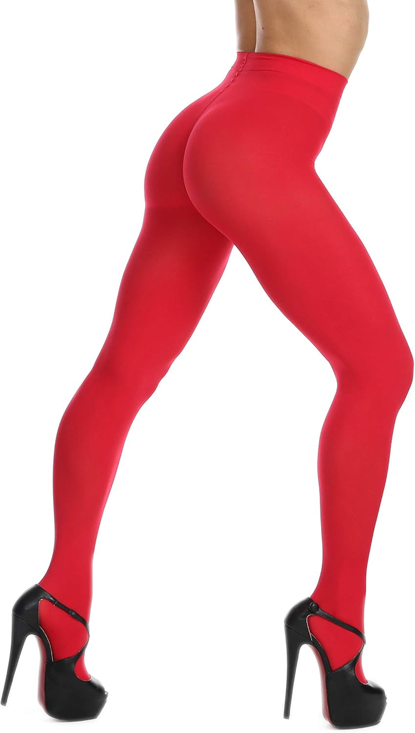 Women and Teen Girls Soft Semi Opaque Solid Red Footed Pantyhose, Size:  Large - X-Large : Height : 5'3"-5'11" , Weight: 120~ 180 lbs ; Color: Red.