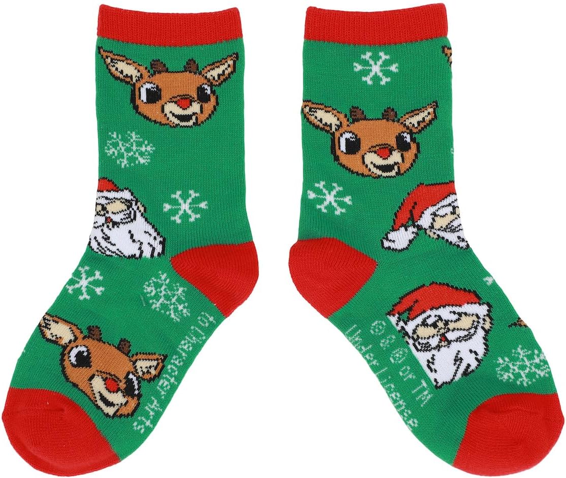 Creative pattern that features the Red-Nosed Reindeer, these festive crew socks Kids 2-Pair, Size: fit kids' sock sizes 7-9 and shoe sizes 10-4,  