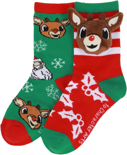 Creative pattern that features the Red-Nosed Reindeer, these festive crew socks Kids 2-Pair, Size: fit kids' sock sizes 7-9 and shoe sizes 10-4,  