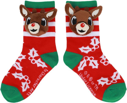 Creative pattern that features the Red-Nosed Reindeer, these festive crew socks Kids 2-Pair, Size: fit kids' sock sizes 7-9 and shoe sizes 10-4,  