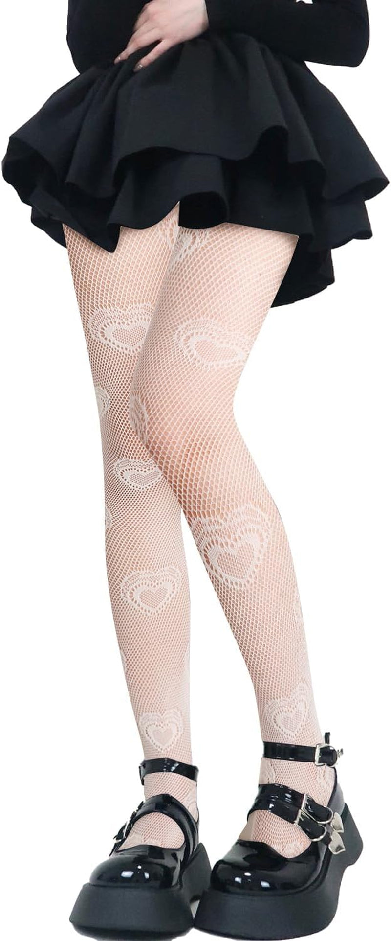 Women's and adolescent girls' high waist pantyhose with a heart pattern. White, one size fits those who are between the heights of 5'10" and 5'10" and weights between 100 and 160 pounds.