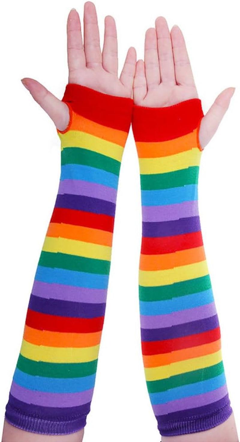 Pair of knee-high socks with rainbow stripes and matching arm warmers for teen girls' and women. Size: socks-64cm, arm warmer-36cm, Color: Dark Purple Stripes.