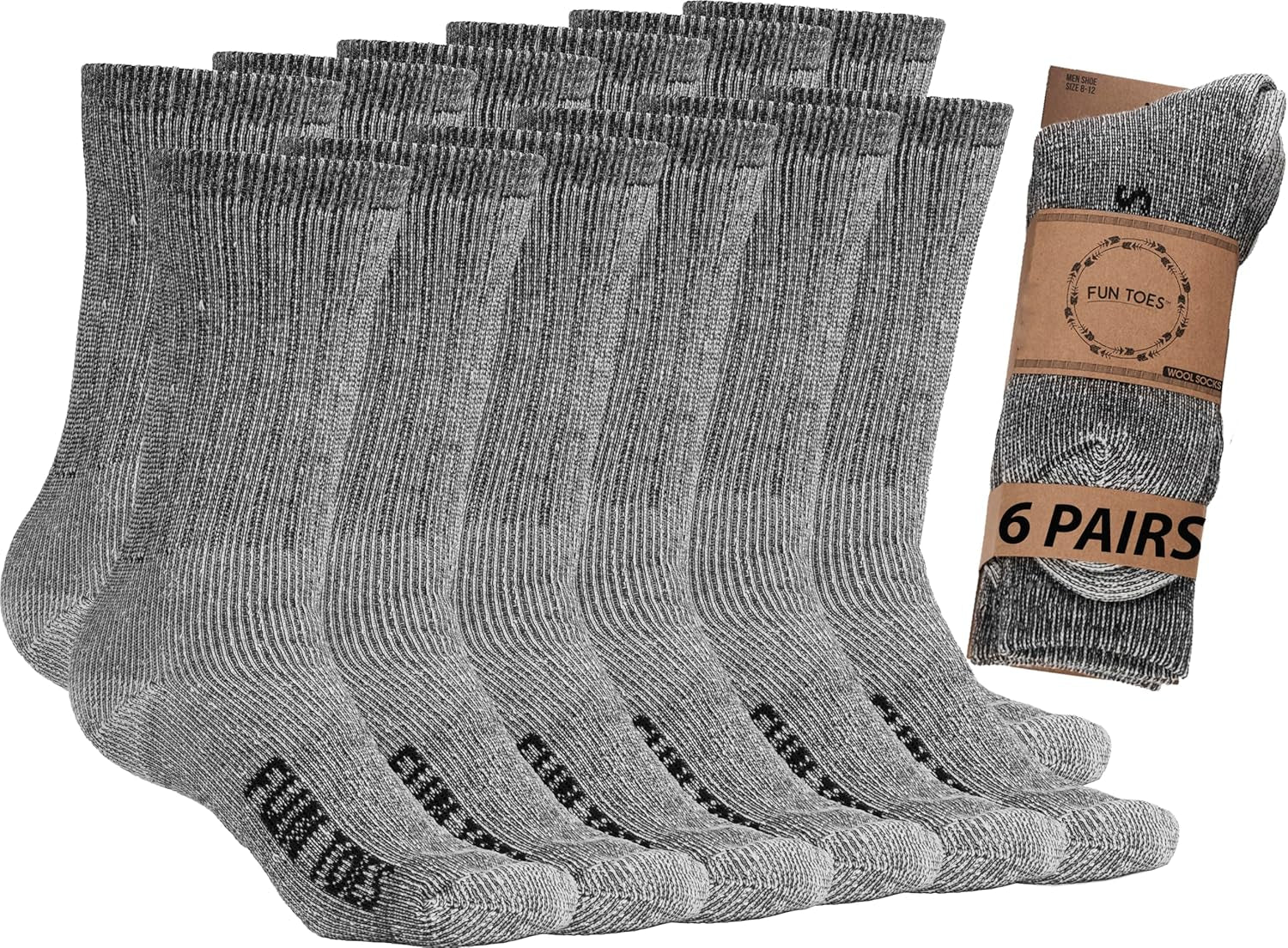 Men'S Hiking Crew Merino Wool Socks 6 Pairs Lightweight, Size 8-12, Blue, Black, Brown