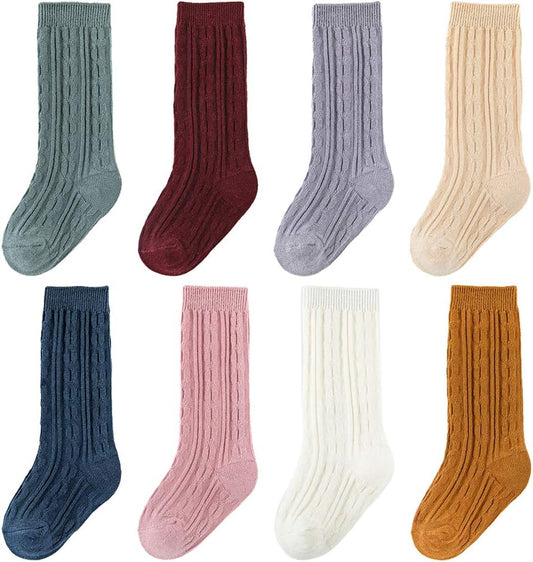 Toddler Knee High Socks for Baby Girls in Multicolor, Made of Thick Cable Knit Cotton, Sizes 1T-3T.