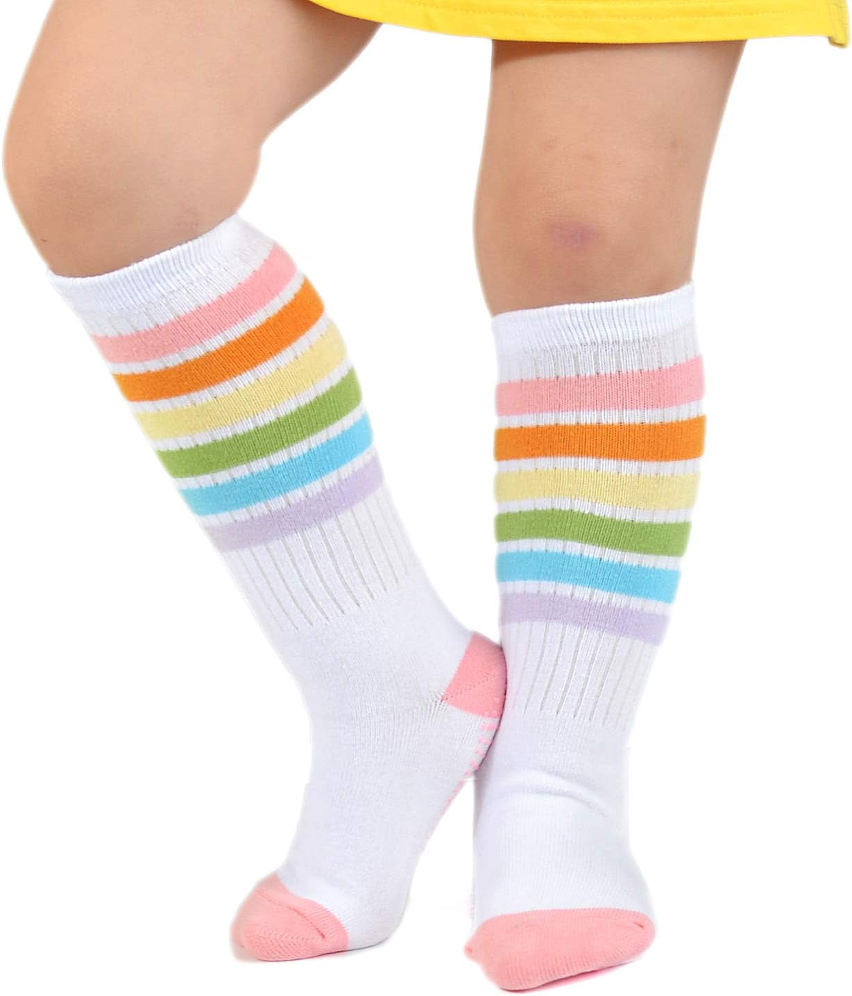 Rainbow Striped Knee High Socks for Baby Girls, Non-Slip, Sizes 3-12months, Pink Stripes Color.