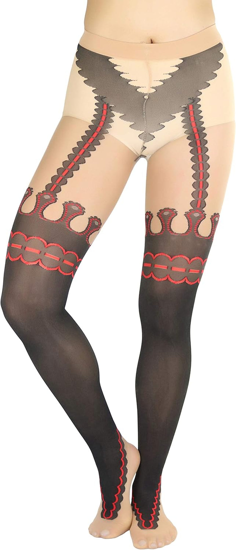 Women and Teenage Girls Garter Sheers Pantyhose with Festival Print Suspender. Color: Red/Black; Size: One Size (90-160 pounds).