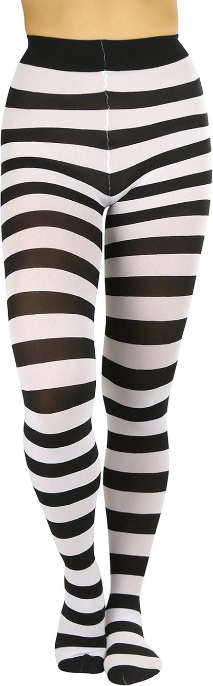 A pair of opaque stockings in black and white with wide horizontal contrast stripes, perfect for women and teenagers. Size: one size (regular up to 165lbs).