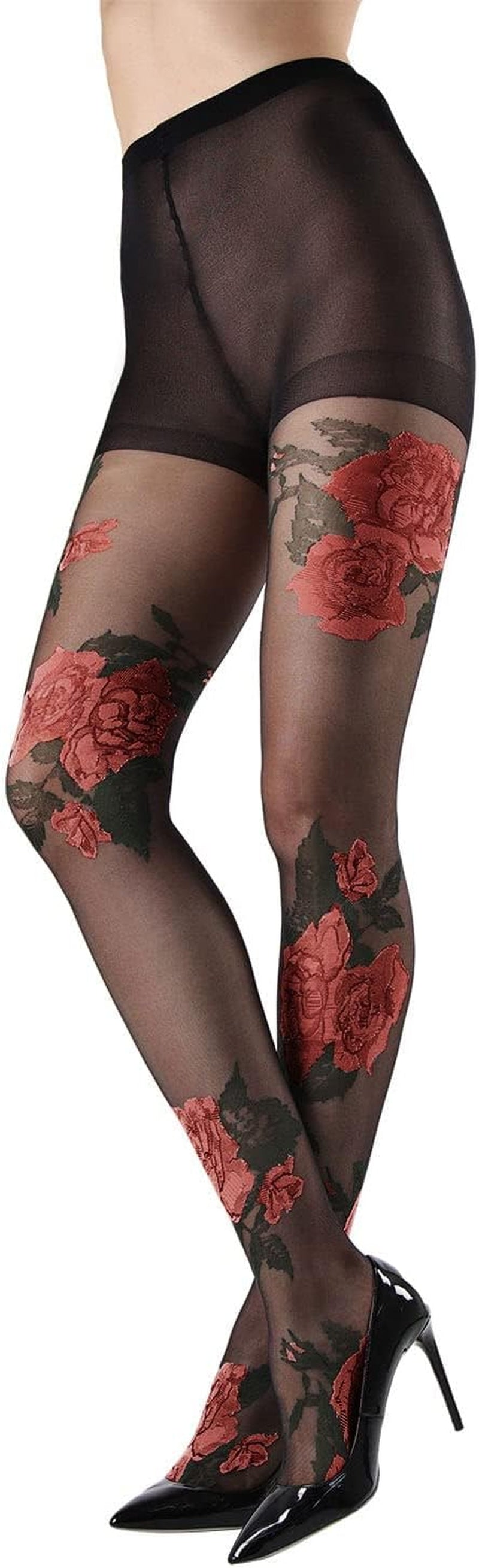 Sheer  Pantyhose Garden Rose Floral  for Women and Teen Girls, Size Small-Medium (fits height 4'10"-5'6"; weight 95-135lbs. Color: Black/Red Rose.