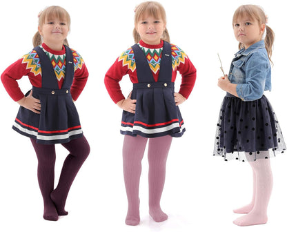 Three pairs of thick cable knit cotton tights for girls, in pink, purple, and dark brown, for ages four to six.