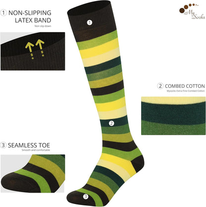 A perfect complement to your collection are these Unisex Knee High Stripe Socks. Size: 8–11; Color: Multi-Green stripes.