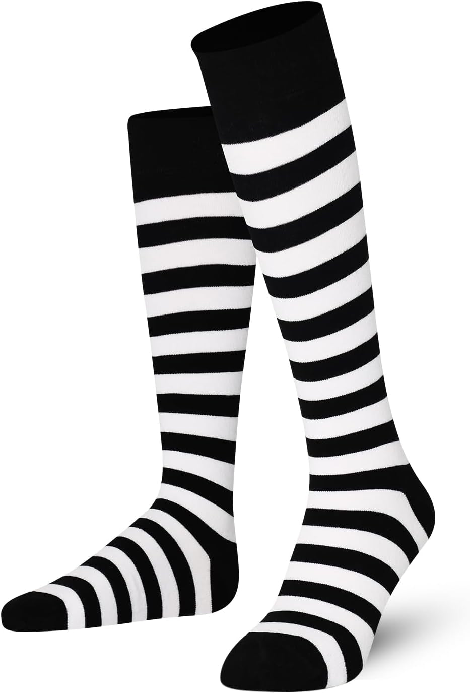 A perfect complement to your collection are these Unisex Knee High Stripe Socks. Size: 8–11; Color: White/Black stripes.