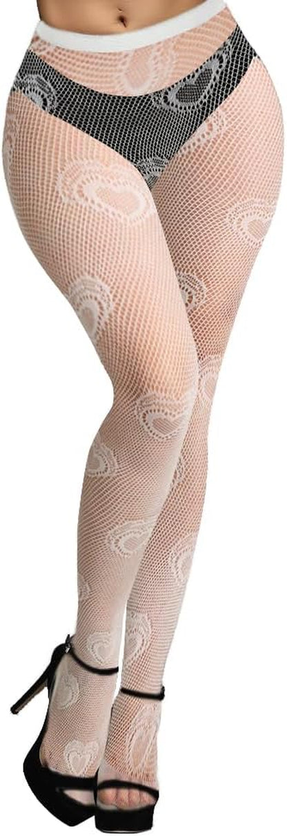 Women's and adolescent girls' high waist pantyhose with a heart pattern. White, one size fits those who are between the heights of 5'10" and 5'10" and weights between 100 and 160 pounds.