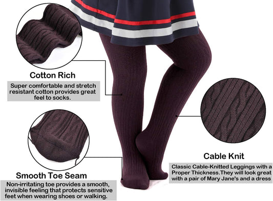 Three pairs of thick cable knit cotton tights for girls, in pink, purple, and dark brown, for ages four to six.