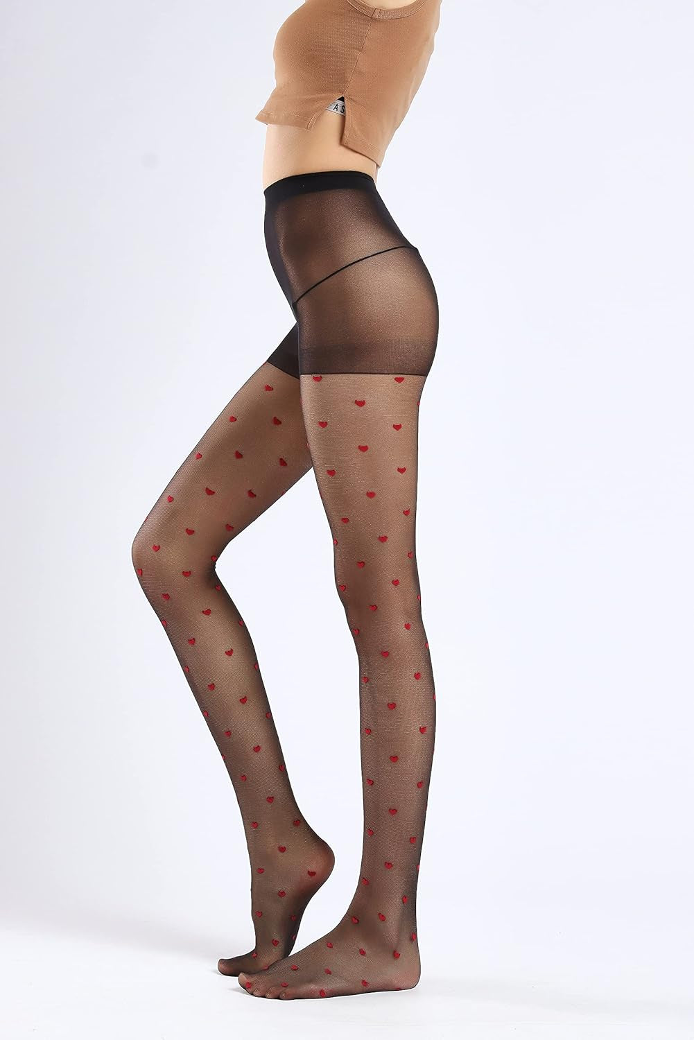 Sheer Pantyhose Control Top for Women and Teen Girls with a  High Waist. Color black with red hearts; one size fits  88-190lbs.