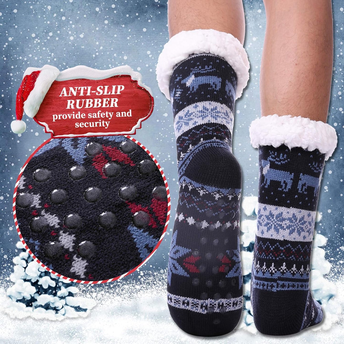 Unisex fuzzy slipper socks, lined with thick thermal fleece and non-slip traction, available in regular US men's shoe sizes 6–11,Color: Dark Blue