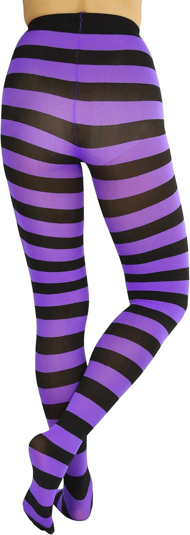 A pair of opaque stockings in purple and black with wide horizontal contrast stripes, perfect for women and teenagers. Size: one size (regular up to 165lbs). 