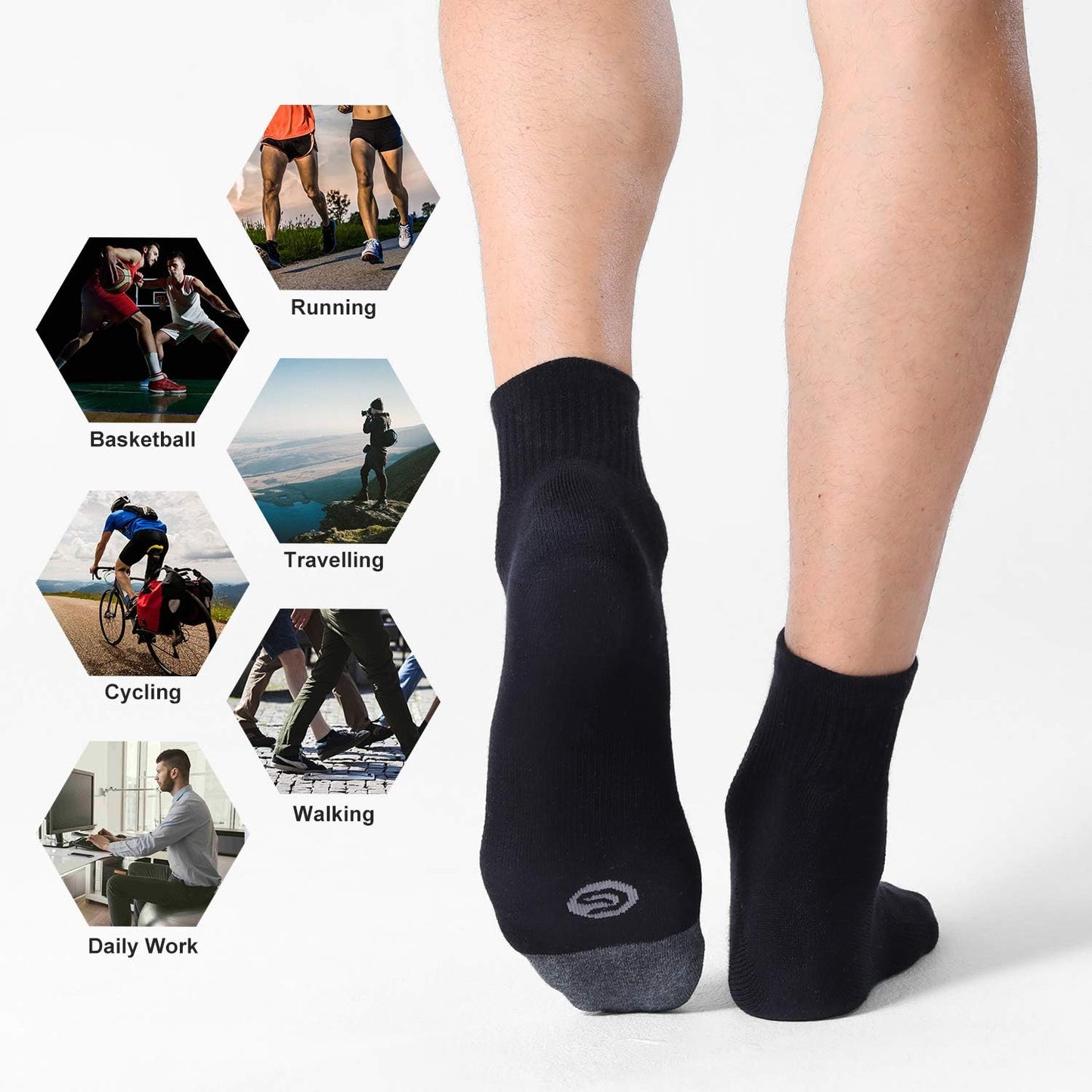 Men's Athletic Running Ankle Socks with Cushion, 6 pack, available in Small, Medium, and Large sizes. Colors: White, Light Gray, Dark Gray, and Black.