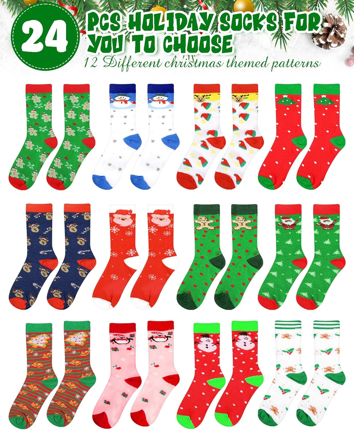 24 Pairs Kids Christmas Socks Colorful Creative Holiday Crew Socks Children Cute Socks Christmas Gift for Boy Girl