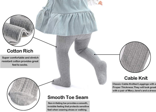 Three-Piece Cotton Tights with Cable Knit Detail for Infant Girls. Age Range: 3-6 months; Available Colors: Black, White, and Grey.