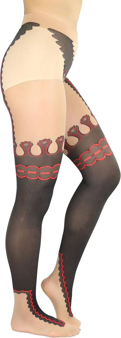 Women and Teenage Girls Garter Sheers Pantyhose with Festival Print Suspender. Color: Red/Black; Size: One Size (90-160 pounds).