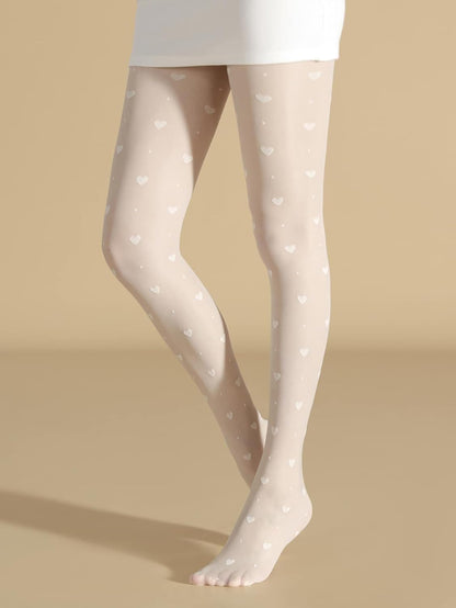 Women Teen Girls Heart Printed Semi Sheer High Waist Pantyhose. Color: White,  One Size waist 26-28.7; length 42.1-110.2.