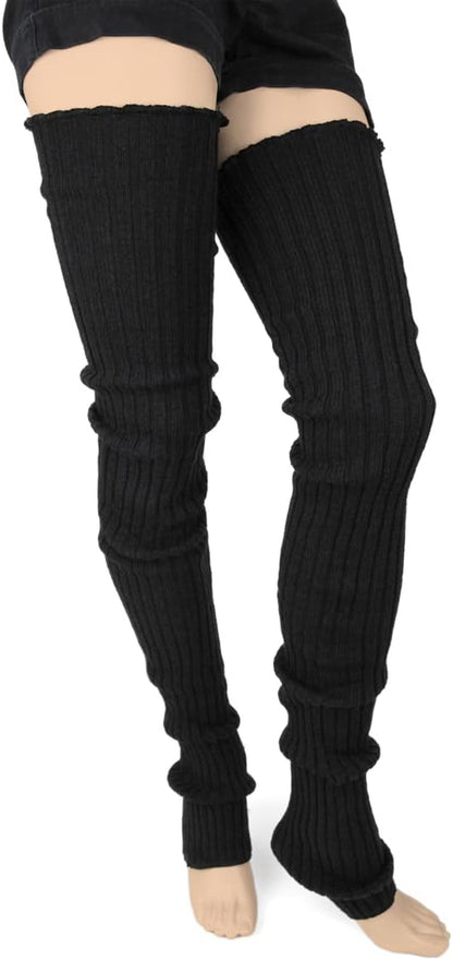 Women and Teen Girls Cable-Knit Leg Warmers (Black, Super Long).  Color: Black.