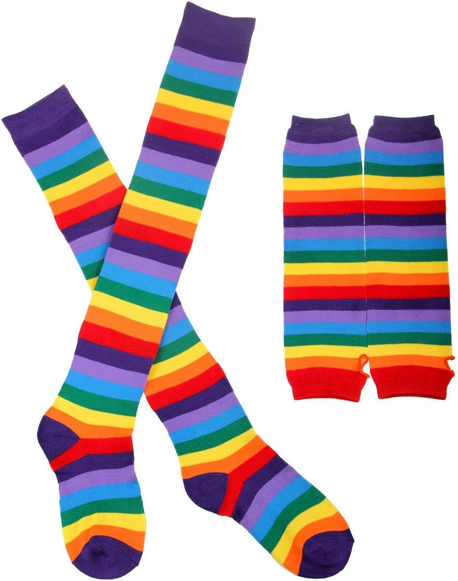 Pair of knee-high socks with rainbow stripes and matching arm warmers for teen girls' and women. Size: socks-64cm, arm warmer-36cm, Color: Dark Purple Stripes.