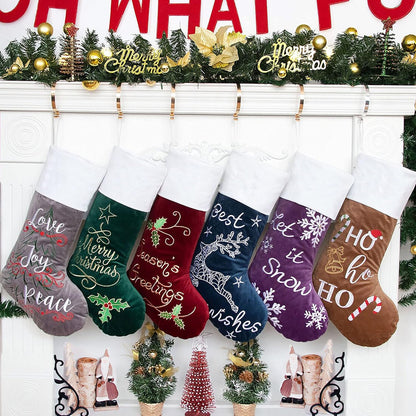 Christmas Stockings for the Family in a 6-Pack Colors: Red, Green, Purple, Blue, Grey, Brown; 22" Large Quilted Lining Embroidery Classic Luxury Velvet, Hanging Christmas Tree Ornaments for Fireplaces (Set of 6)