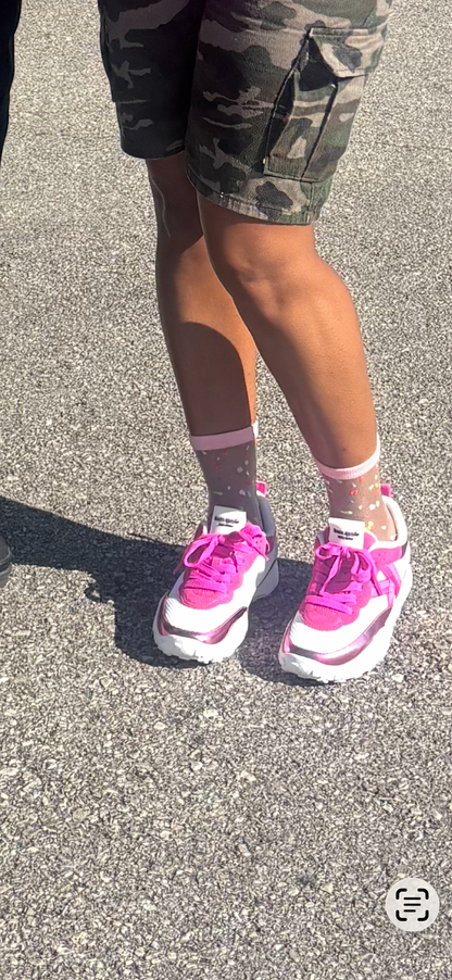 K24- Sheer Ankle Socks  with black vertical stripes and reinforced black heel.