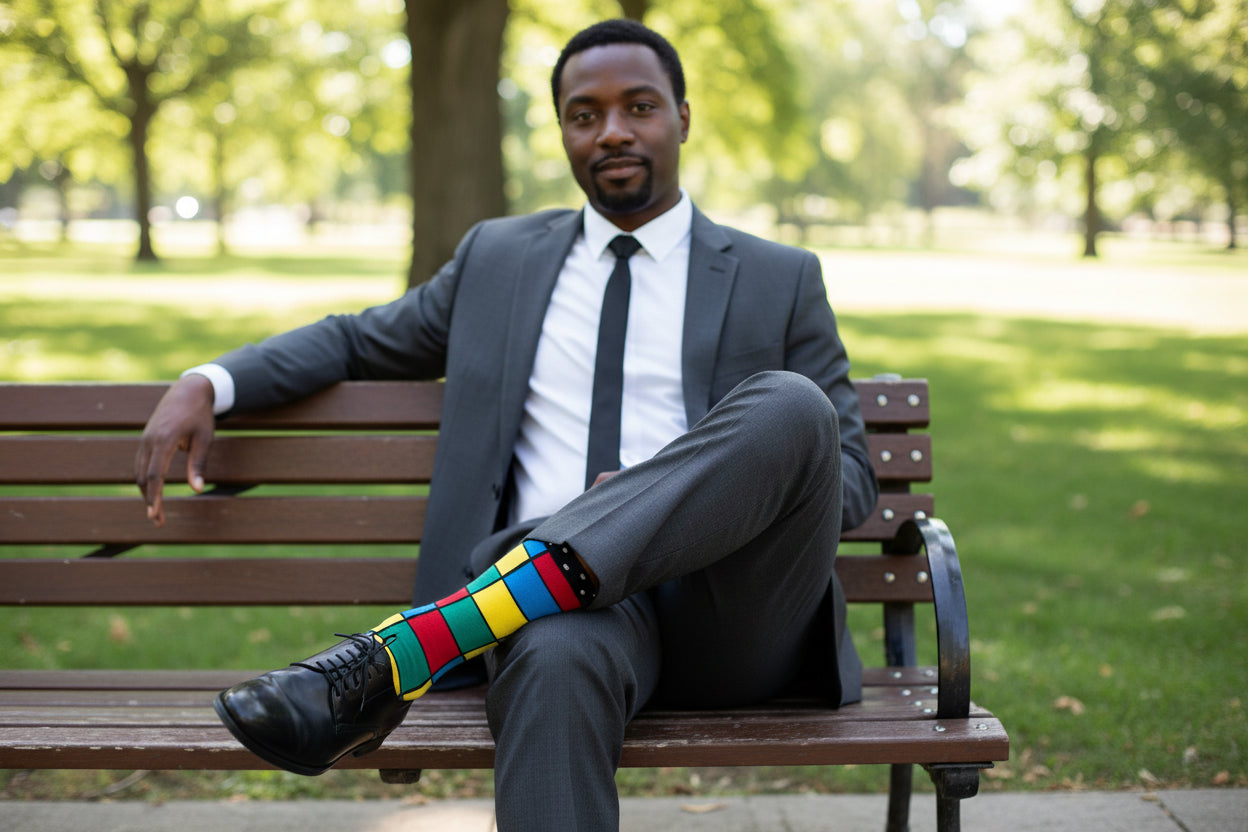 Bold Grid Mid-Calf Dress Socks, vibrant color-block design in red, yellow, green, and blue with sharp black lines for a clean, modern edge. – Men’s Size 8–12