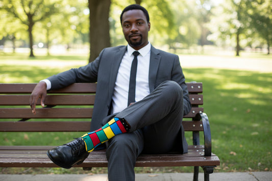 Bold Grid Mid-Calf Dress Socks, vibrant color-block design in red, yellow, green, and blue with sharp black lines for a clean, modern edge. – Men’s Size 8–12