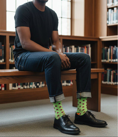 Bold Grid Mid-Calf Dress Socks, vibrant color-block design in red, yellow, green, and blue with sharp black lines for a clean, modern edge. – Men’s Size 8–12