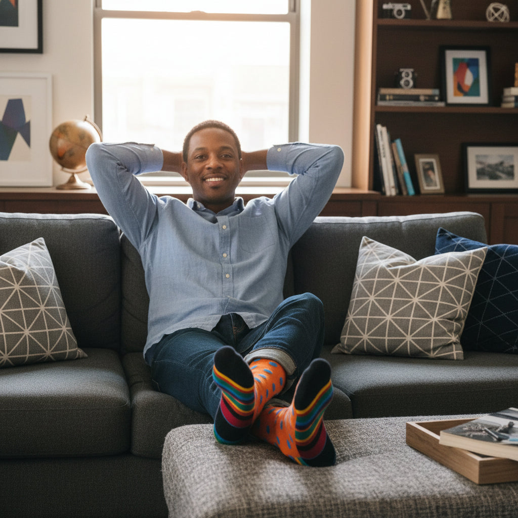 Bold Grid Mid-Calf Dress Socks, vibrant color-block design in red, yellow, green, and blue with sharp black lines for a clean, modern edge. – Men’s Size 8–12