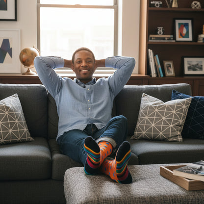 Bold Grid Mid-Calf Dress Socks, vibrant color-block design in red, yellow, green, and blue with sharp black lines for a clean, modern edge. – Men’s Size 8–12