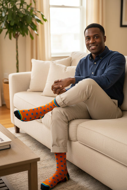 Teenage boys that are knee-high/crew socks, with fun patterns and designs. Sizes:9-13
