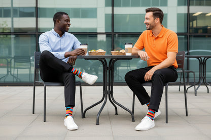 Bold Grid Mid-Calf Dress Socks, vibrant color-block design in red, yellow, green, and blue with sharp black lines for a clean, modern edge. – Men’s Size 8–12