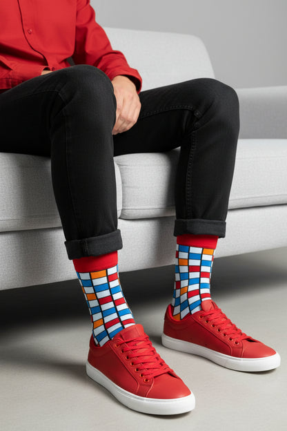 Bold Grid Mid-Calf Dress Socks, vibrant color-block design in red, yellow, green, and blue with sharp black lines for a clean, modern edge. – Men’s Size 8–12