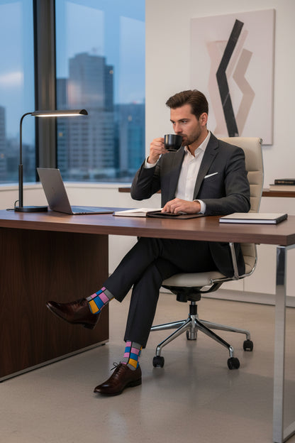 Teenage boys that are knee-high/crew socks, with fun patterns and designs. Sizes:9-13